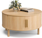 ZttRiee Coffee Table for Living Room, Modern Round Coffee Table with Cabinets & Sliding Doors, Home Small Space, 29.9" Fluted Center Table, Natual