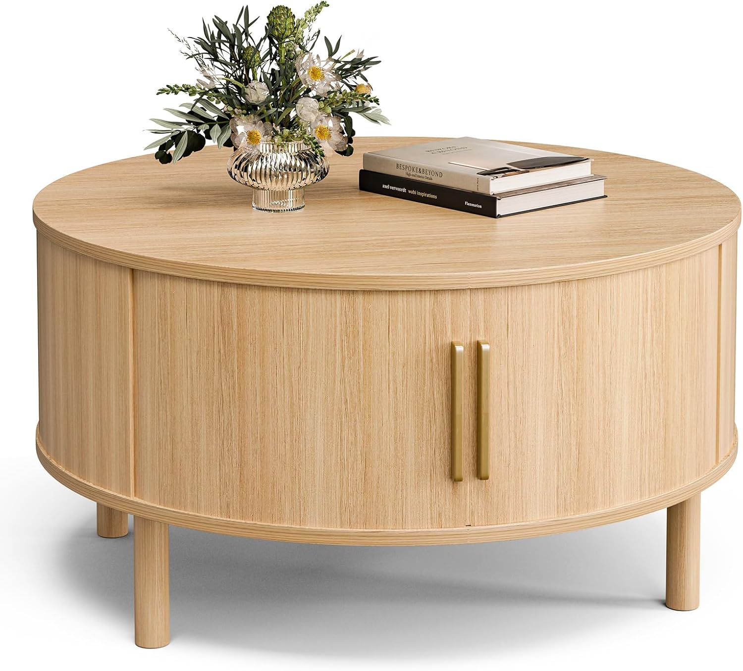 ZttRiee Coffee Table for Living Room, Modern Round Coffee Table with Cabinets & Sliding Doors, Home Small Space, 29.9" Fluted Center Table, Natual