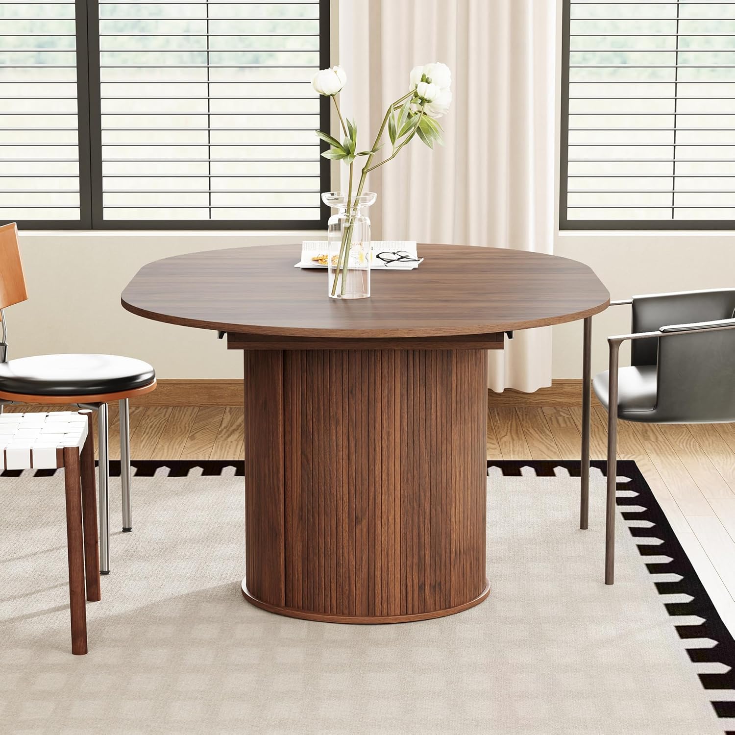 43"-59" Extendable Round to Oval Dining Table with Hidden Storage, Modern Wooden Kitchen Table with Fluted Sliding Door Cabinet, Expandable Dinner Table for Dining Room Living Room (Walnut)