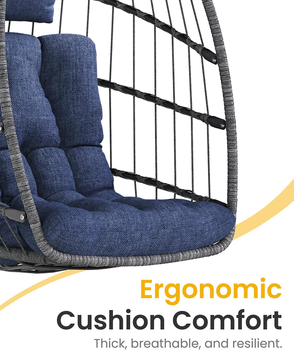 Hanging Egg Chair with Stand, Indoor Outdoor Wicker Patio Egg Swing Chair with Cushion for 350LBS Capacity, Hanging Hammock Chair for Bedroom, Garden, Porch - Dark Blue