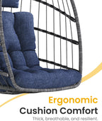 Hanging Egg Chair with Stand, Indoor Outdoor Wicker Patio Egg Swing Chair with Cushion for 350LBS Capacity, Hanging Hammock Chair for Bedroom, Garden, Porch - Dark Blue