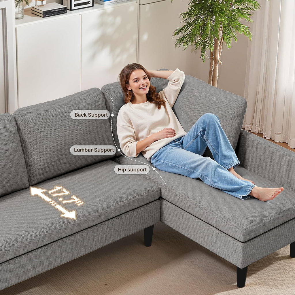 Gizoon Convertible Sectional Sofa, Convertible to L-Shaped Sofa, Linear and Sofa Bed, with Comfortable and Soft Fabric, Four Pillows, for Living Room, Apartment and Office, Light Gray