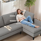Gizoon Convertible Sectional Sofa, Convertible to L-Shaped Sofa, Linear and Sofa Bed, with Comfortable and Soft Fabric, Four Pillows, for Living Room, Apartment and Office, Light Gray