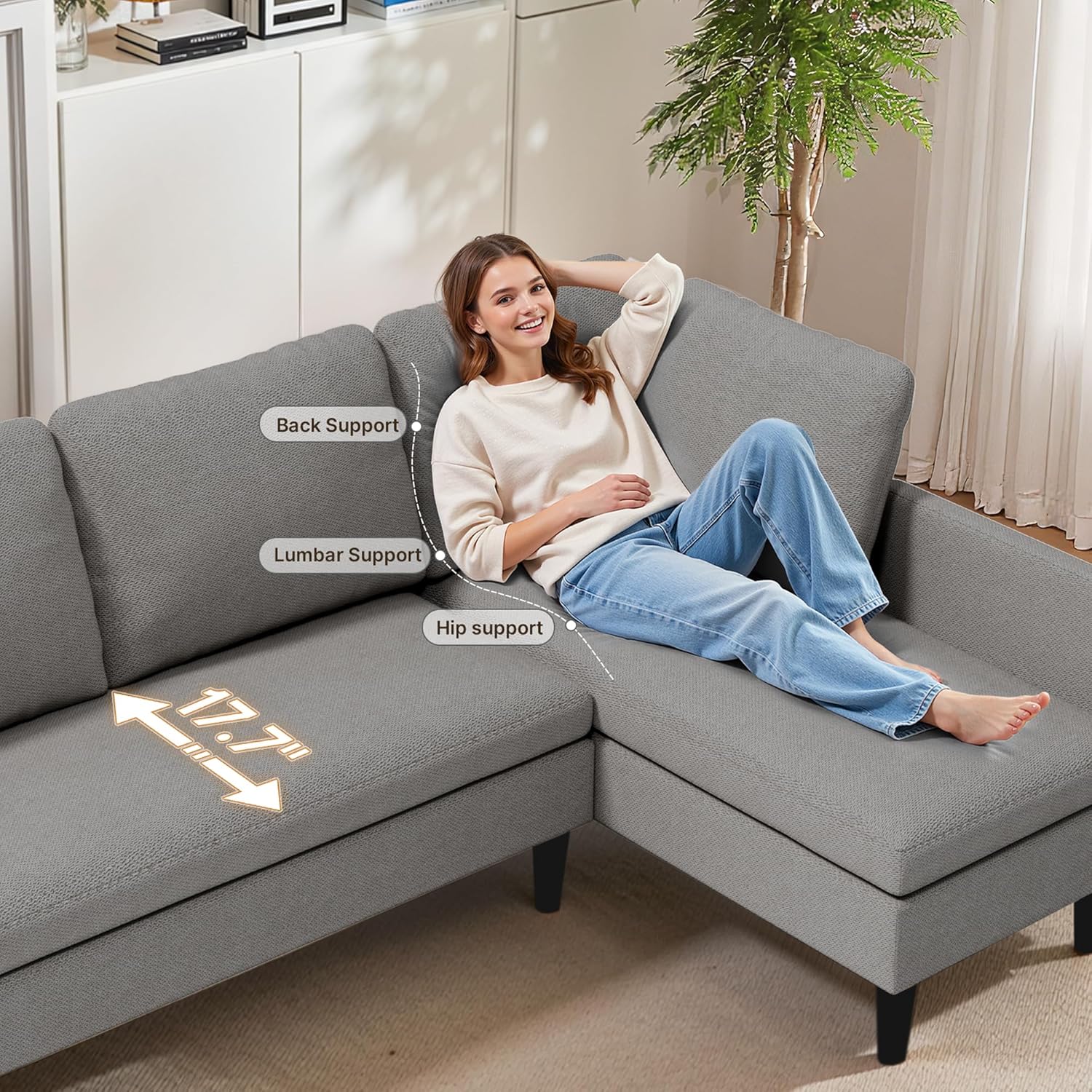 Gizoon Convertible Sectional Sofa, Convertible to L-Shaped Sofa, Linear and Sofa Bed, with Comfortable and Soft Fabric, Four Pillows, for Living Room, Apartment and Office, Light Gray