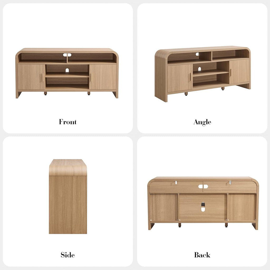TV Stand for TVs Up to 65'' - Unique Curved Profile, FSC-Certified Wooden Board Entertainment Center with Adjustable Shelves and Storage Cabinet Modern Media Console for Living Room