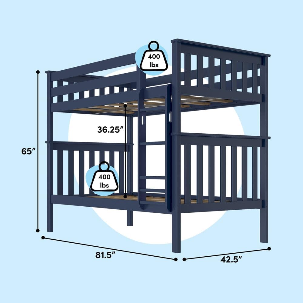 Max & Lily Bunk Bed Twin over Twin, Solid Wood Bunk Bed Frame with Ladder for Kids, 14" Safety Guardrails, Easy Assembly, No Box Spring Needed, Blue