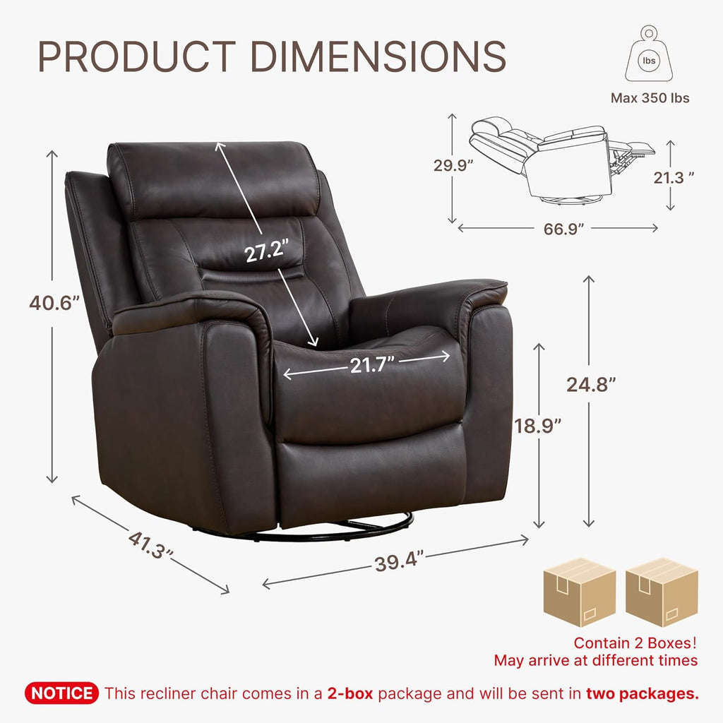 Leather Recliner Chair, 360° Swivel Rocker for Adults Manual Rocking Reclining Chair with Adjustable Backrest Footrest for Living Room Bedroom Home Theater Seating