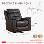 Leather Recliner Chair, 360° Swivel Rocker for Adults Manual Rocking Reclining Chair with Adjustable Backrest Footrest for Living Room Bedroom Home Theater Seating