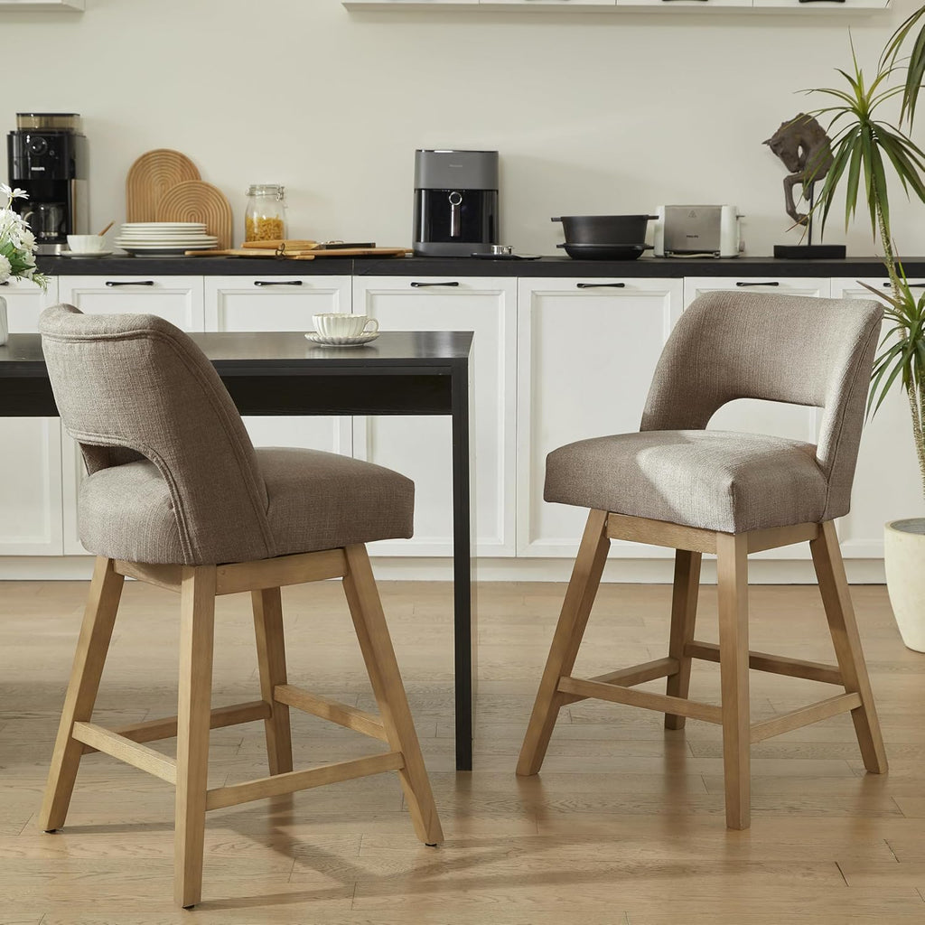 VKNOW 27" Swivel Bar Stools Set of 2, Upholstered Counter Height Bar Stools with Backrest and Rubberwood Legs, Fabric Barstools for Kitchen Island, Breakfast Bar, Living Room, Dining Room, Brown