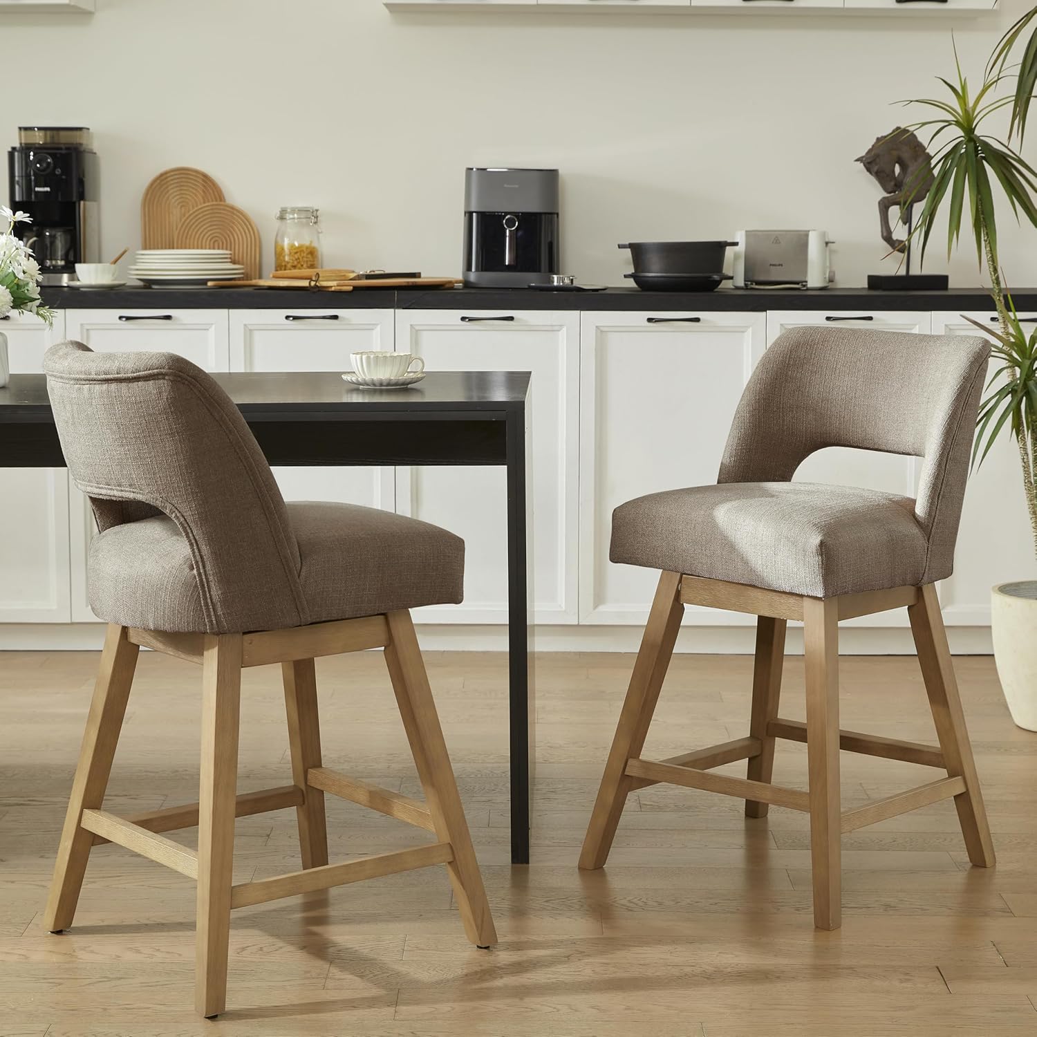 VKNOW 27" Swivel Bar Stools Set of 2, Upholstered Counter Height Bar Stools with Backrest and Rubberwood Legs, Fabric Barstools for Kitchen Island, Breakfast Bar, Living Room, Dining Room, Brown
