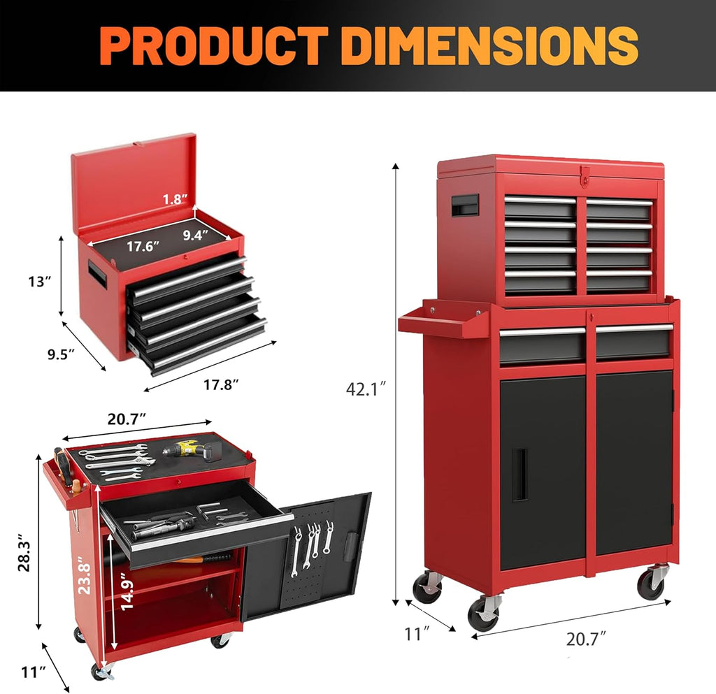 5 Drawers Tool Cart on Wheels with 1 Cabinet, Multifunctional Removable Rolling Tool Chest Storage Set, Tool Trolley Organizer Tool Box for Garage,Warehouse,Workshop,Repair Shop (Red)