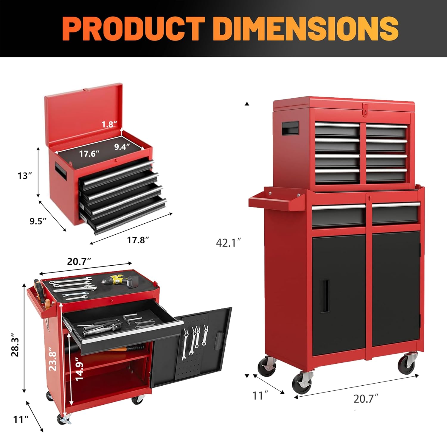 5 Drawers Tool Cart on Wheels with 1 Cabinet, Multifunctional Removable Rolling Tool Chest Storage Set, Tool Trolley Organizer Tool Box for Garage,Warehouse,Workshop,Repair Shop (Red)
