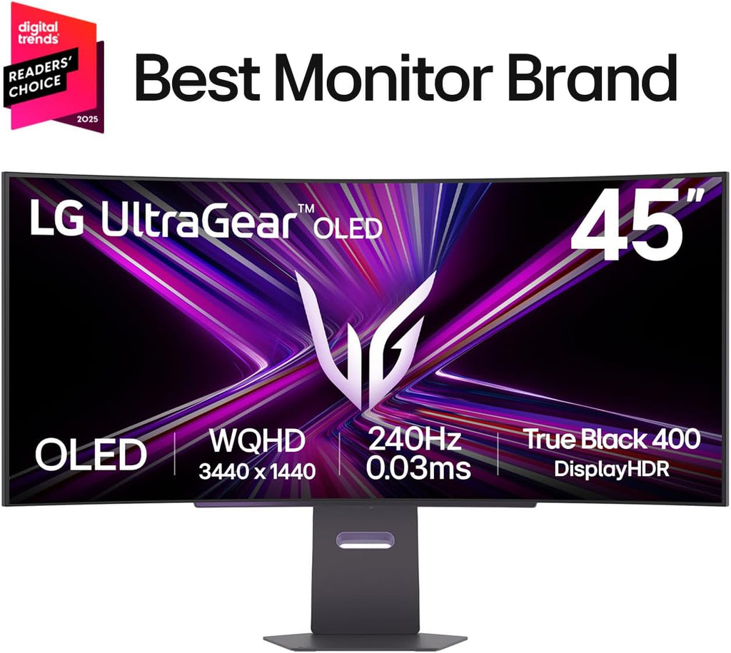LG 45GX950A-B 45-inch Ultragear 5K2K WUHD (5120 x 2160) OLED Curved Gaming Monitor  Dual-Mode  165Hz  0.03ms  NVIDIA G-Sync  AMD FreeSync Premium Pro  HDR True Black 400  USB Type-C 90W  DP2.1