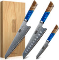 HOSHANHO Damascus 3 Pieces Knife Set, Professional 67-Layer Damascus Steel Kitchen Knife Set, Ultra Sharp Japanese Chef Knives Set with Ergonomic Blue Resin Stabilized Handle & Wood Gift Box