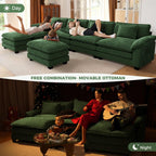 CDCASA 154" Modular Sectional Sofa, Comfy U-Shaped Cloud Couch with 3 Movable Ottomans, Oversized 7-Seater Chenille Deep Seat Sofa Couch for Living Room, DIY Combination, Green