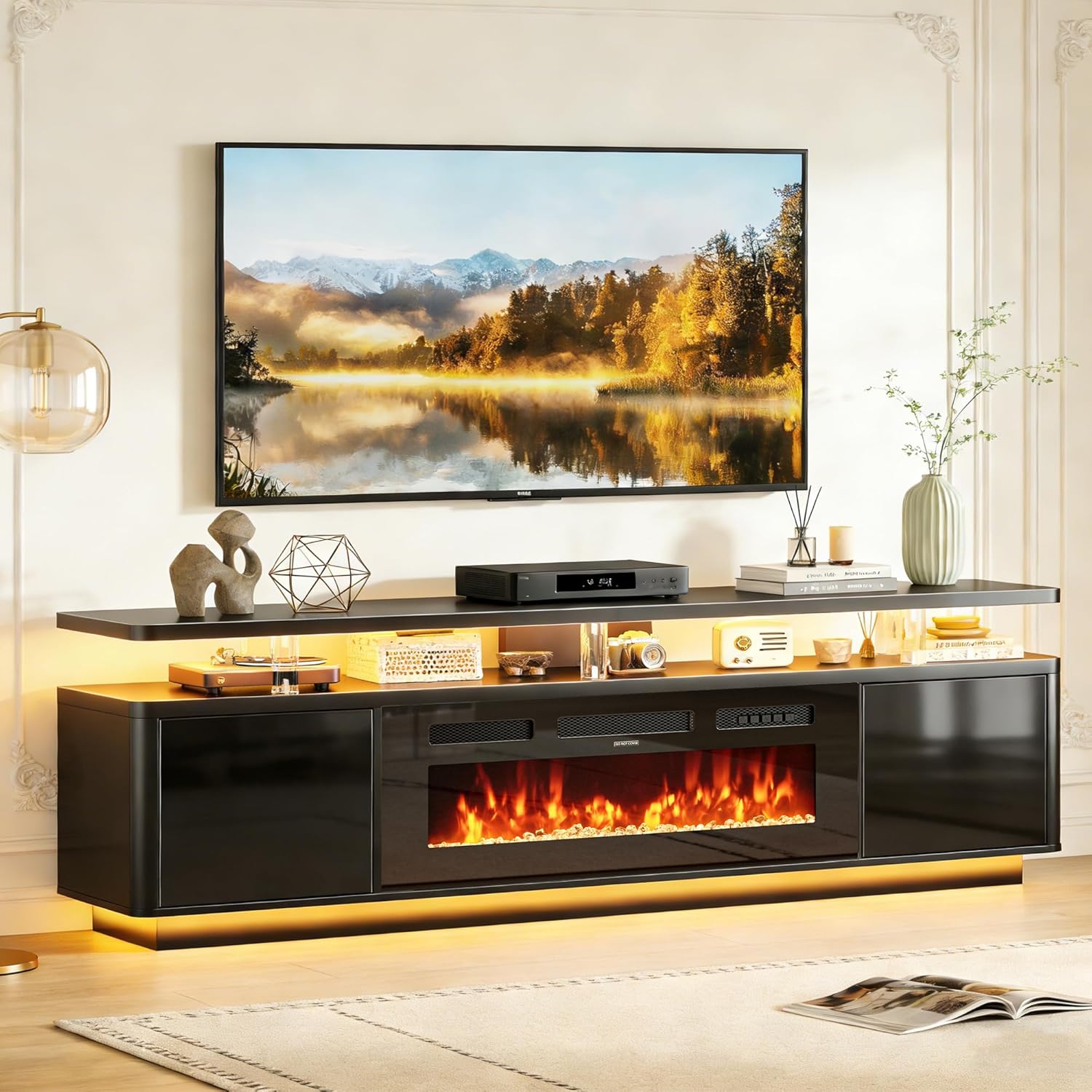 oneinmil 80" Fireplace TV Stand with Dual LED Lights, Fits Most TVs Up to 90", Electric Fireplace Entertainment Center with Storage Cabinets, Media Console for Living Room Office, Black