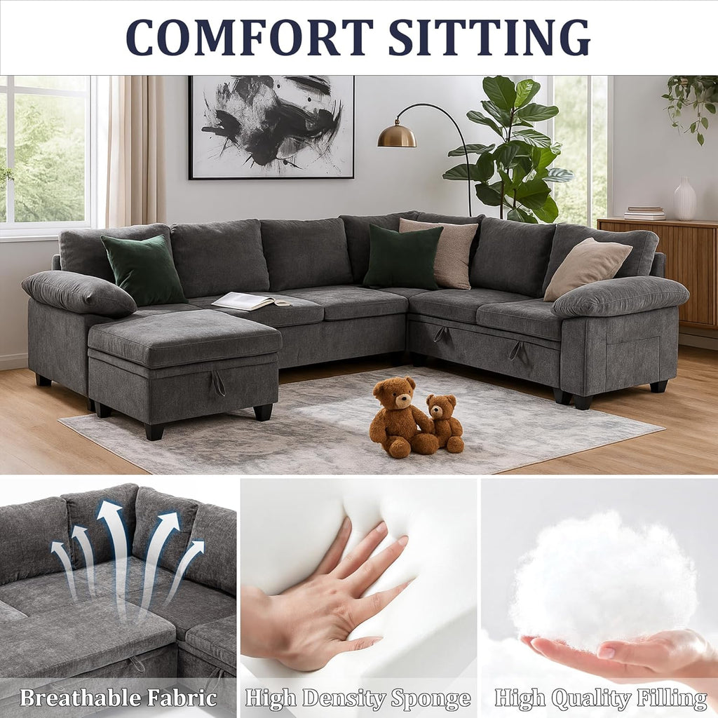 108 Inch Sectional Sleeper L Shaped Sofa with Pull Out Bed, 7 Seat Modular Sectional Sofa with Storage, Modern Chenille Cloud Couch, Sectional Couches for Living Room, Gray