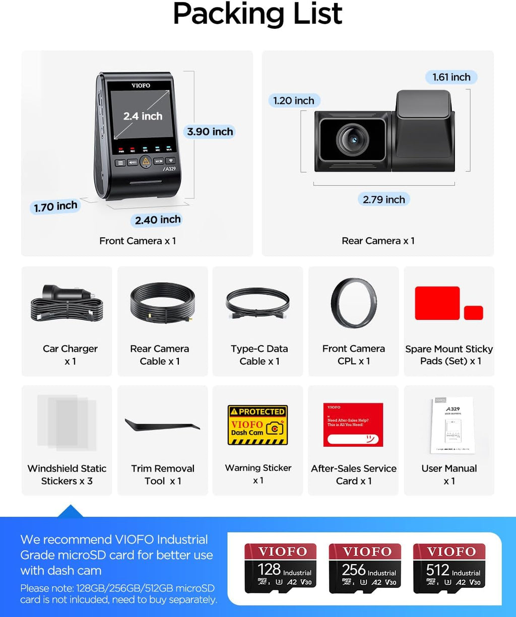 VIOFO A329S 4K 60FPS Dash Cam Front and Rear  4K+2K Dual Dash Camera for Cars  Power Saving Parking Mode  Wi-Fi 6 App Control  Dual STARVIS 2 Sensors  Supports up to 4TB SSD