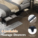 King Bed Frame with 3-Tier Storage Headboard, LED & Charging Station Metal Platform Bed with 4 Storage Drawers, Hidden Areas, Noise-Free/No Box Spring Needed/Metal Support,Rustic Grey