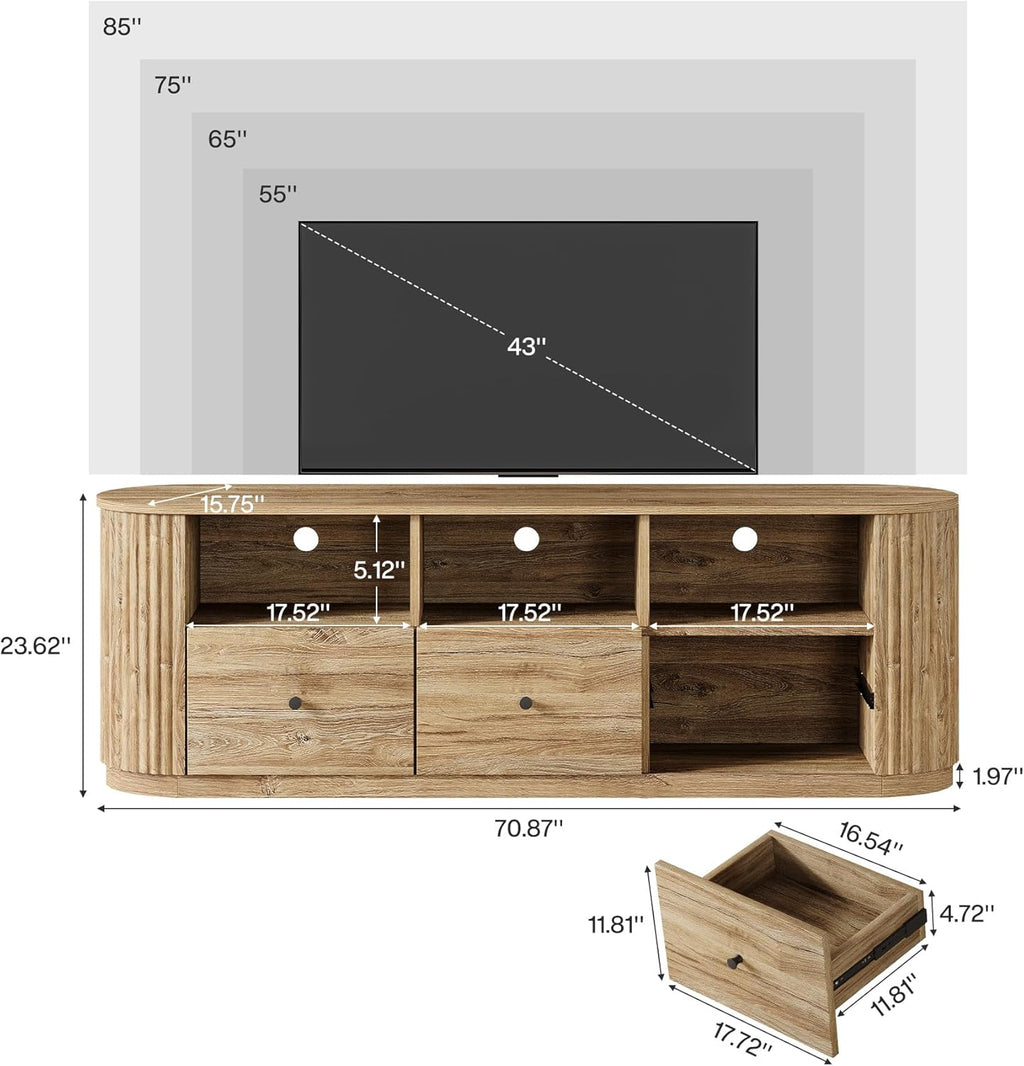 Tribesigns 70.87" TV Stand for TVs up to 80", Modern Curved Media Console with 3 Drawers and Open Storage, Fluted Entertainment Center for Living Room, Brown