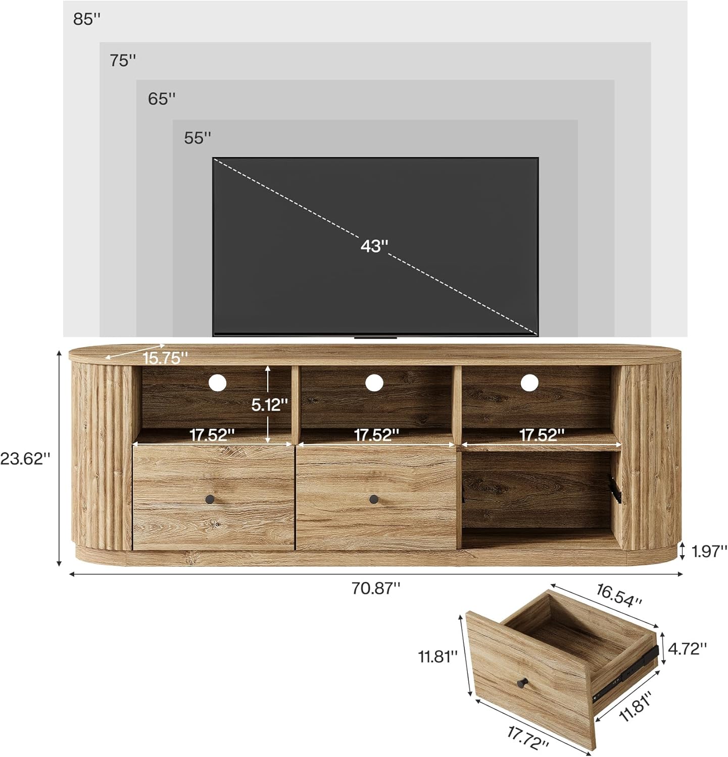 Tribesigns 70.87" TV Stand for TVs up to 80", Modern Curved Media Console with 3 Drawers and Open Storage, Fluted Entertainment Center for Living Room, Brown