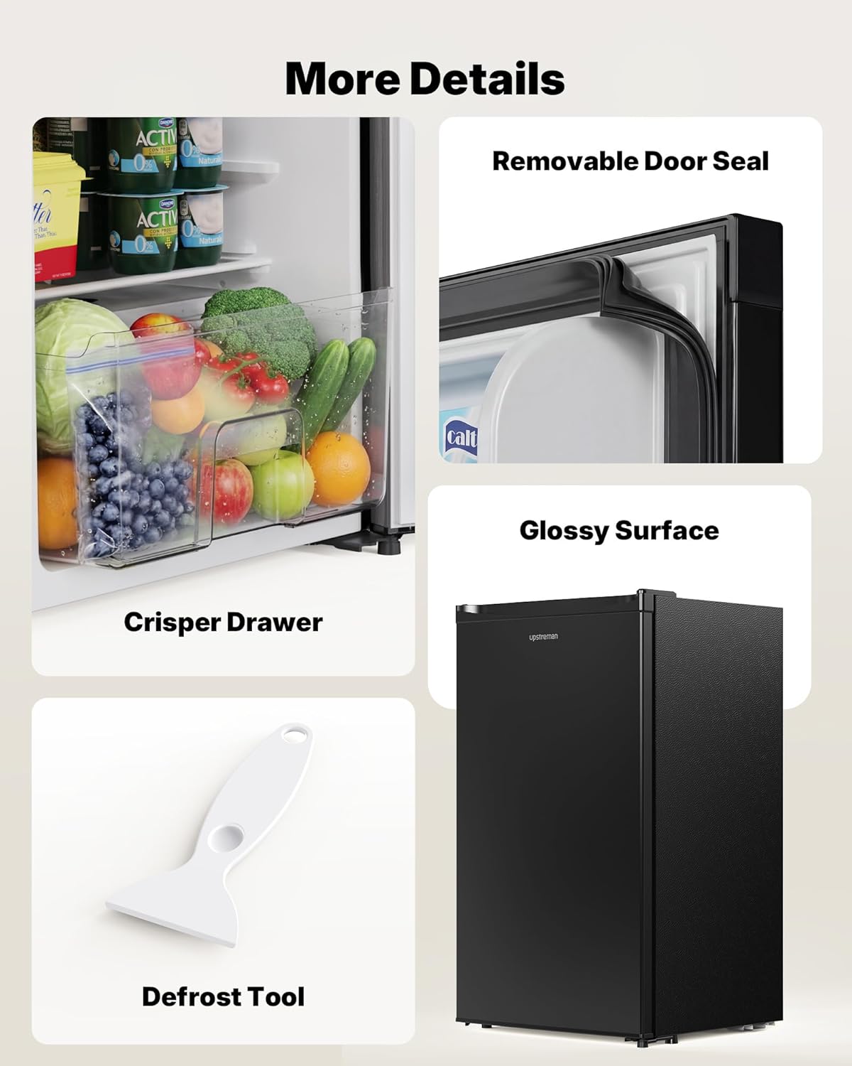 Upstreman 3.2 Cu.Ft Mini Fridge with Freezer, Single Door Compact Refrigerator, Adjustable Thermostat, Small Refrigerator for Dorm, Bedroom, Office, Black-BR321