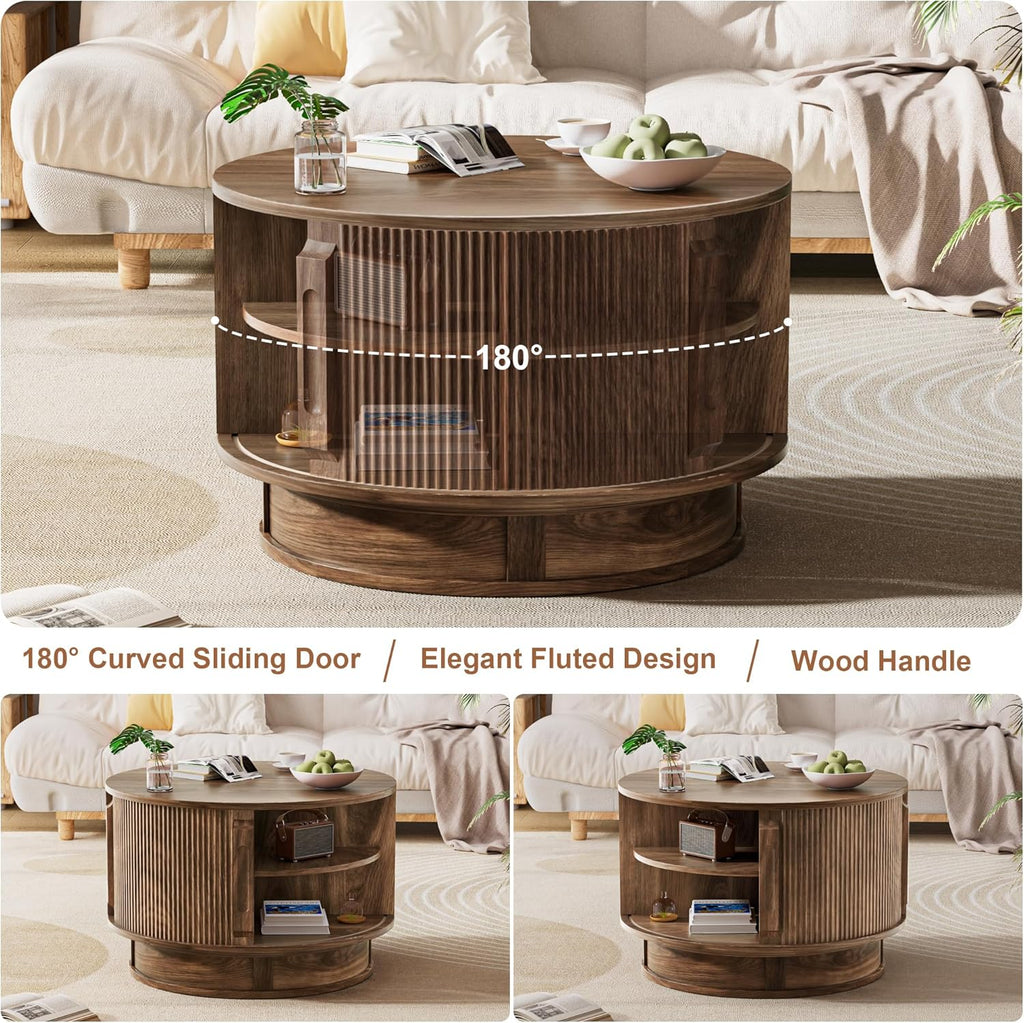 31.5" Round Fluted Coffee Table with Hidden Storage, Modern Wood Coffee Table with Flip-Up Hinged Tabletop, Divided Compartments and Rotating Base for Living Room & Apartment (Walnut)