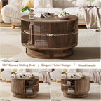 31.5" Round Fluted Coffee Table with Hidden Storage, Modern Wood Coffee Table with Flip-Up Hinged Tabletop, Divided Compartments and Rotating Base for Living Room & Apartment (Walnut)