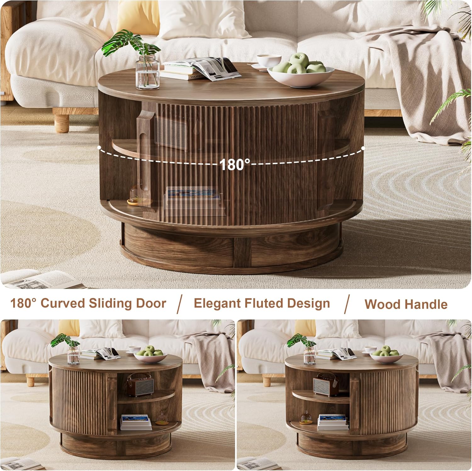 31.5" Round Fluted Coffee Table with Hidden Storage, Modern Wood Coffee Table with Flip-Up Hinged Tabletop, Divided Compartments and Rotating Base for Living Room & Apartment (Walnut)