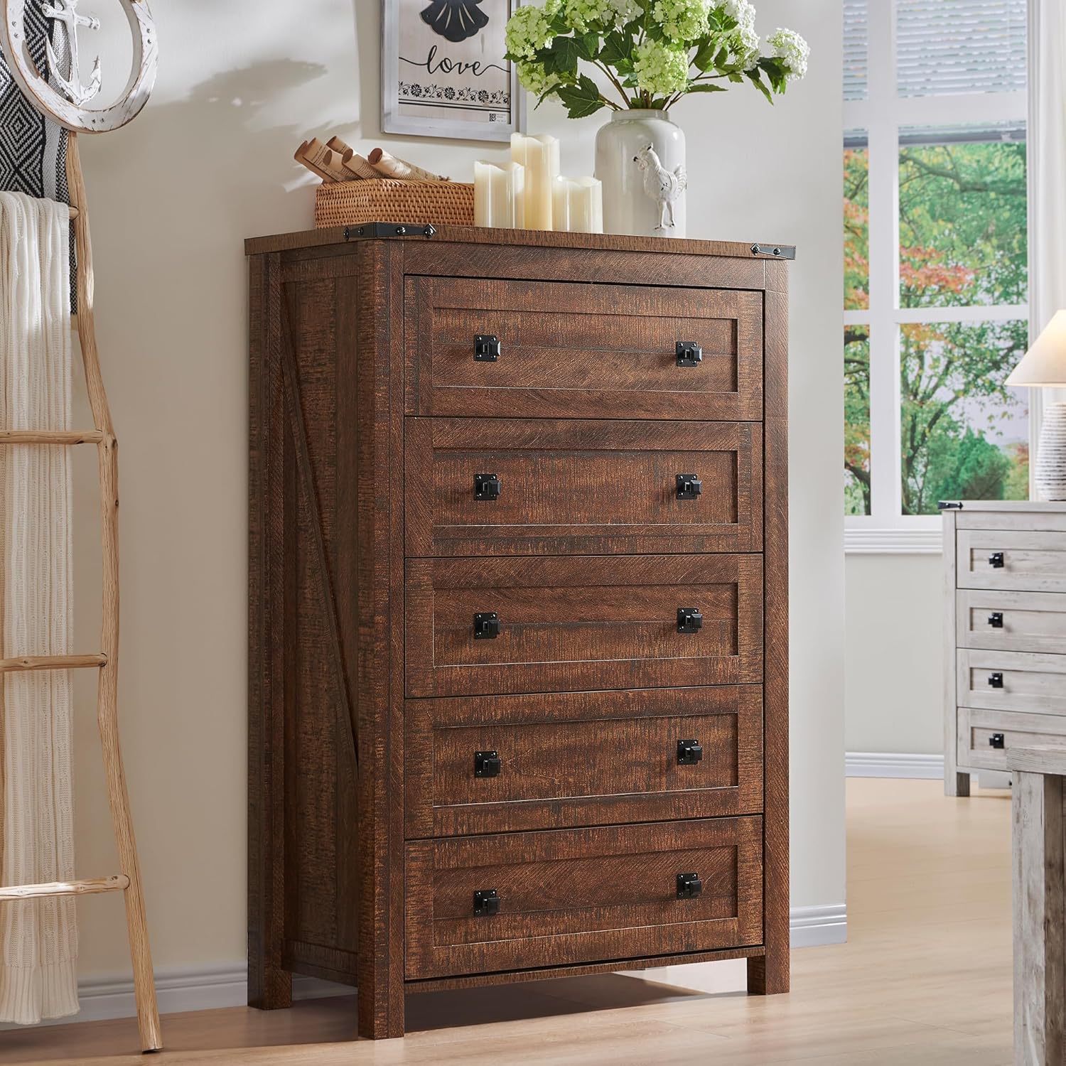 RedLemon Farmhouse 5 Drawer Dresser, 48" Tall Rustic Chest of Drawers, Wood Dresser for Bedroom, Living Room, Hallway, Reclaimed Barnwood Color