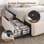 Queen LED Velvet Bed Frame with 2 Storage Drawers&Hidden Headboard, Upholstered Platform Bed with Charging Station&Button Tufted Design, Wooden Slats Support, Box Spring Optional, Easy Assembly, Beige