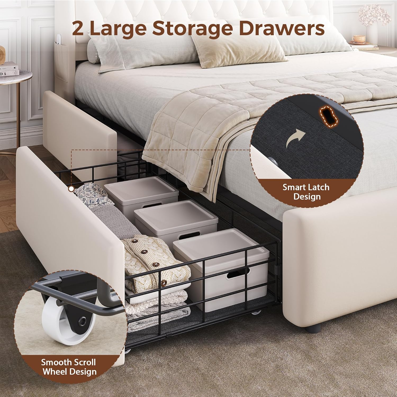Queen LED Velvet Bed Frame with 2 Storage Drawers&Hidden Headboard, Upholstered Platform Bed with Charging Station&Button Tufted Design, Wooden Slats Support, Box Spring Optional, Easy Assembly, Beige