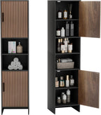 Tall Storage Cabinet, 13.15 Inch Narrow Bathroom Cabinet with USB Magnetic Light, Open Shelf, Magnetic Doors, 2 Adjustable Shelves, Anti-Tip Kit for Small Spaces, Living Room, Black, 57.1" H