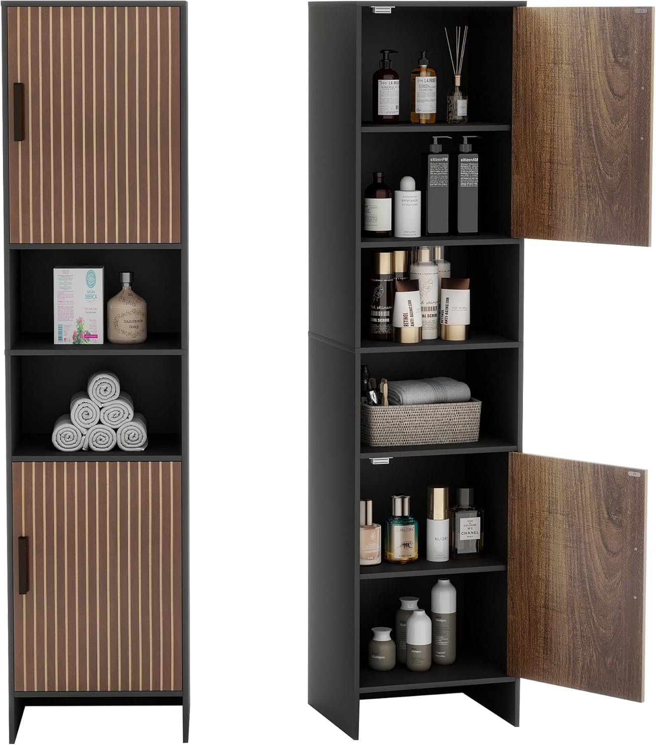 Tall Storage Cabinet, 13.15 Inch Narrow Bathroom Cabinet with USB Magnetic Light, Open Shelf, Magnetic Doors, 2 Adjustable Shelves, Anti-Tip Kit for Small Spaces, Living Room, Black, 57.1" H