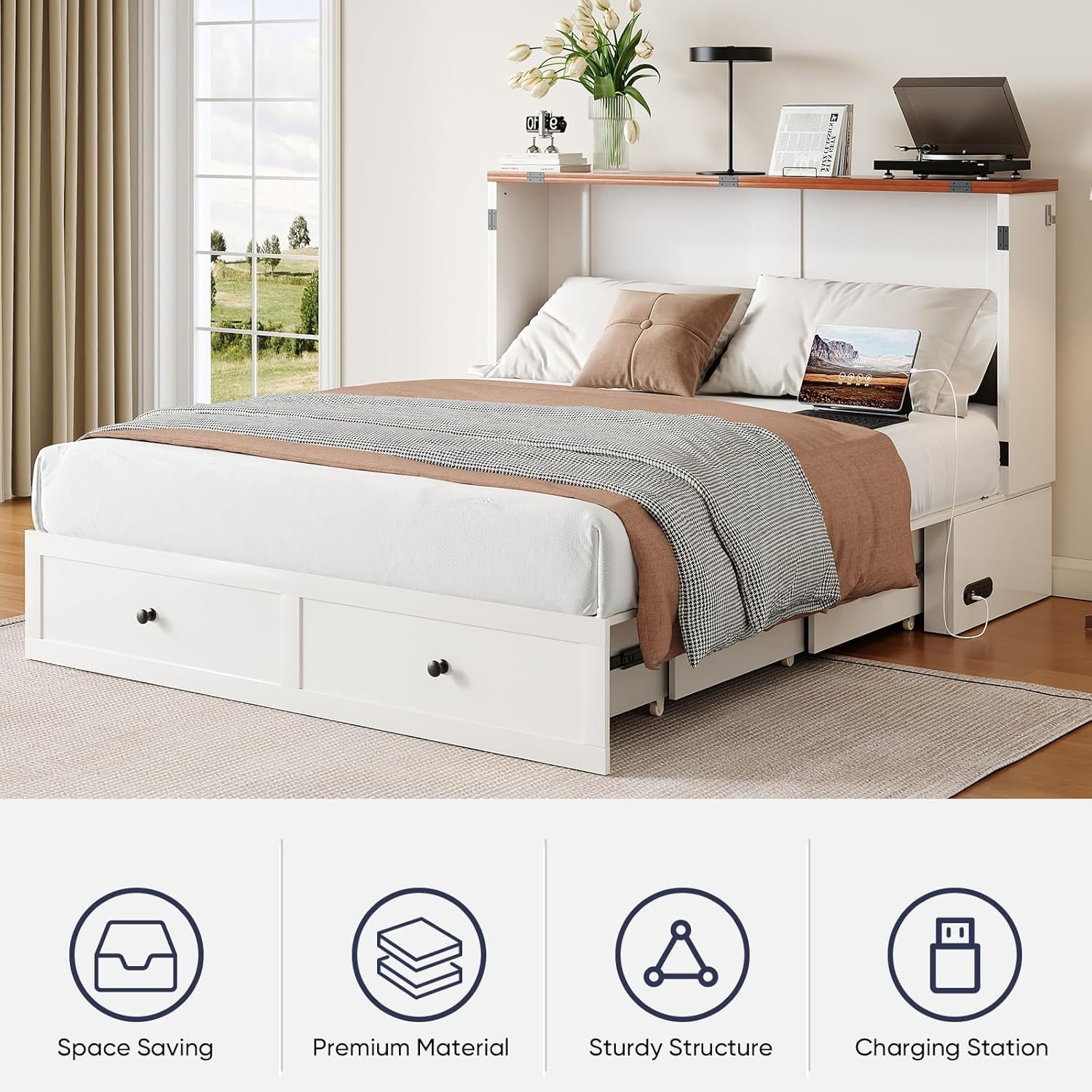 ijuicy Queen Murphy Bed with Mattress Included, Farmhouse Cabinet Bed with Storage Drawer & Charging Station, Foldable Space-Saving Murphy Beds for Guest Bedroom, Living Room (White & Brown)