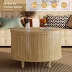 Easyego Fluted Round Coffee Table with Hidden Storage, 31.5" Mid-Century Modern Wood Drum Table for Living Room, Small Space Apartment Furniture, Natural