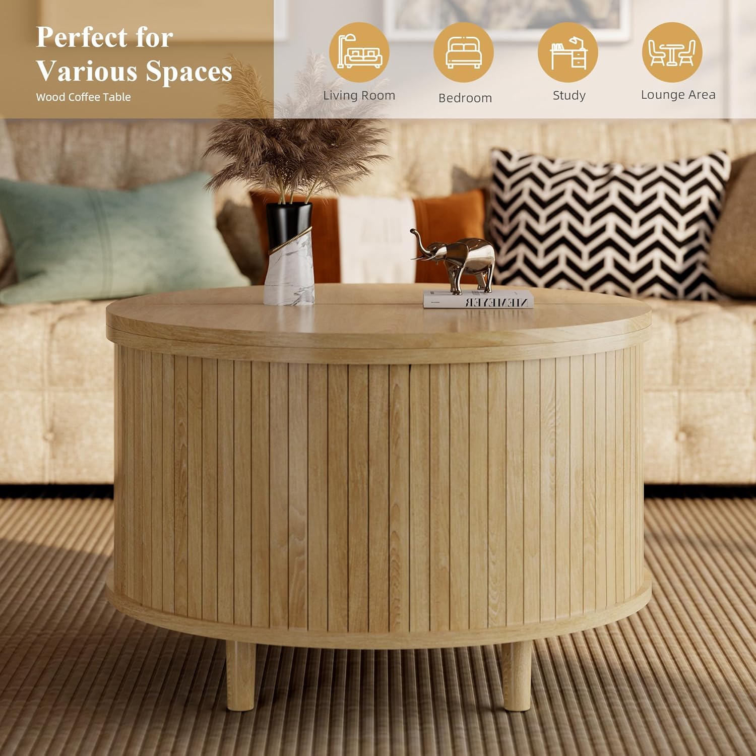 Easyego Fluted Round Coffee Table with Hidden Storage, 31.5" Mid-Century Modern Wood Drum Table for Living Room, Small Space Apartment Furniture, Natural