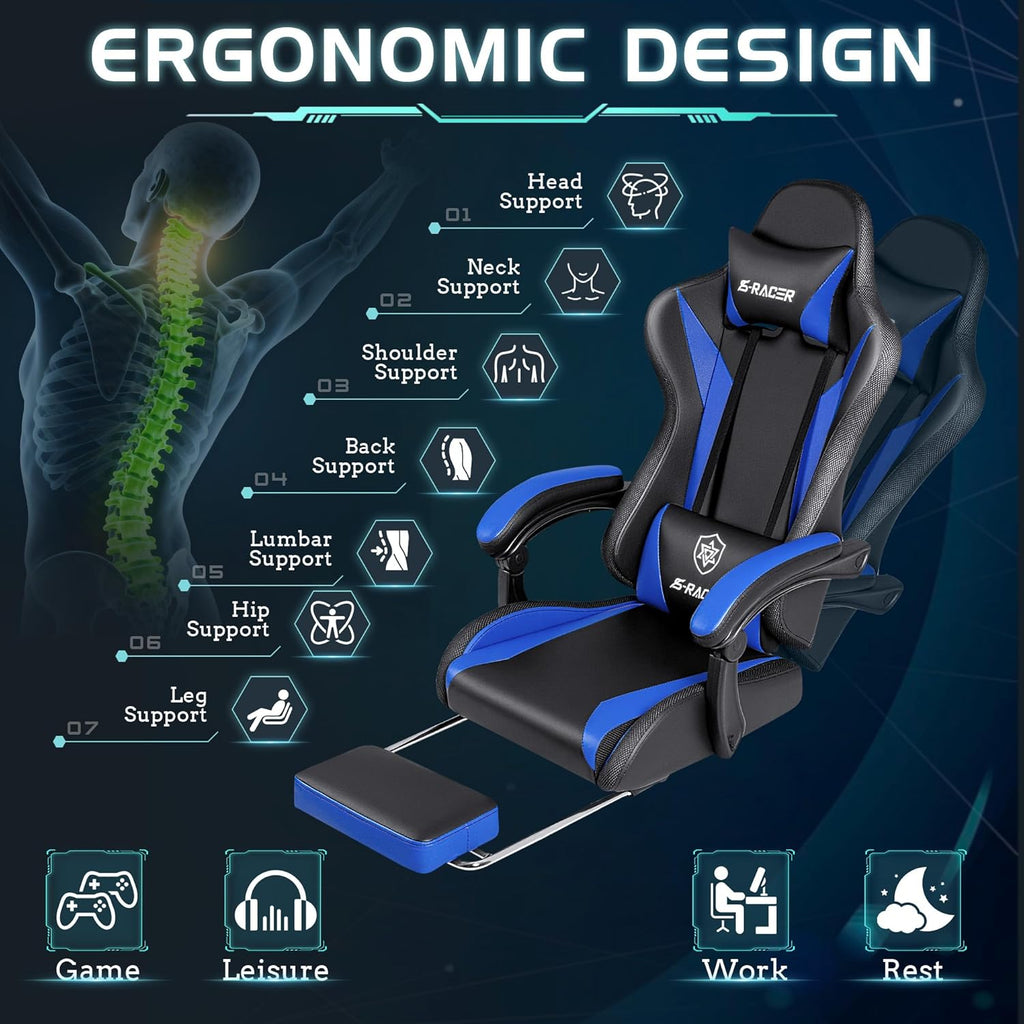 Homall Gaming Chair with Massage & Footrest, Ergonomic Computer Office Chair, High-Back Racing Style Reclining Chair with Adjustable Lumbar Support, PU Leather for Adults (Blue)