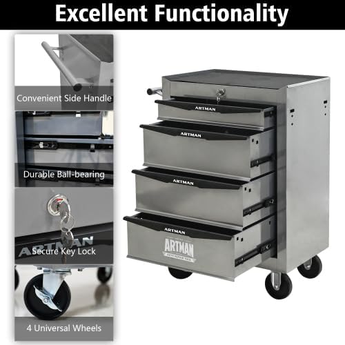 Iron-Top Rolling Tool Chest with Lockable Wheels and Side Handles, 7-Drawer Tool Storage Cabinet with Ball Bearing for Garage, Repair Shop, Required Assembly, Large Storage Capacity (Iron, 4-Gray)