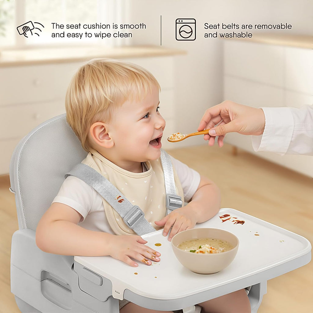 Obee Odee 3-in-1 Portable Baby High Chair for Babies and Toddlers, Convertible Easy Clean Infant Foldable Highchair with Adjustable Legs & Dishwasher Safe Tray, Grey
