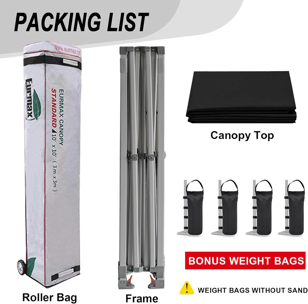 Eurmax USA 10x10ft Pop Up Canopy,Commercial Instant Tent for Outdoor Events,Patented No-Tip Rolling Storage Bag with 4 Sandbags,UV & Water Resistant,Heavy Duty Portable Shelter Gazebo,Black
