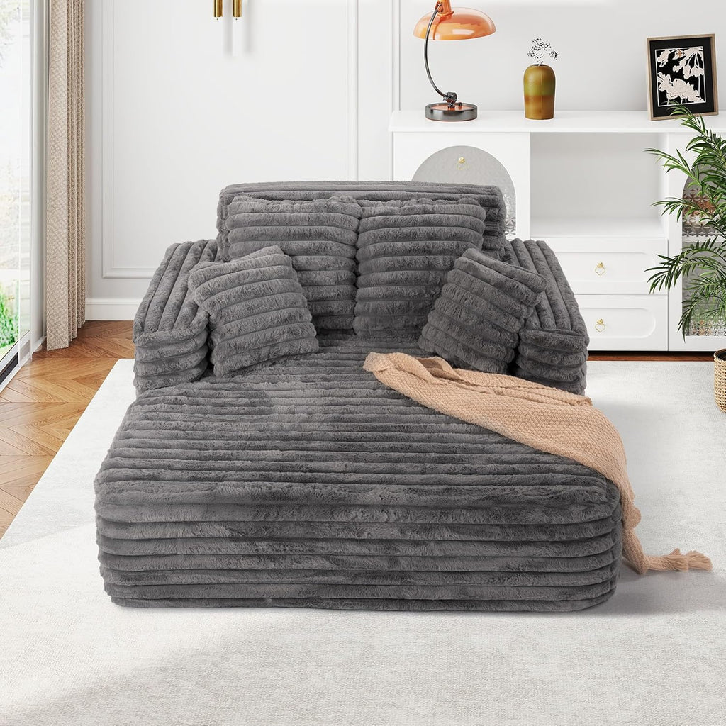 56" Oversized Chaise Lounge Chair Indoor,Plush Faux Fur Sleeper Sofa Couch Bed with Pillows&Wide Armrests,Fluffy Comfy Cloud Couch,Compression Foam Couch for Living Room,Bedroom(Grey)
