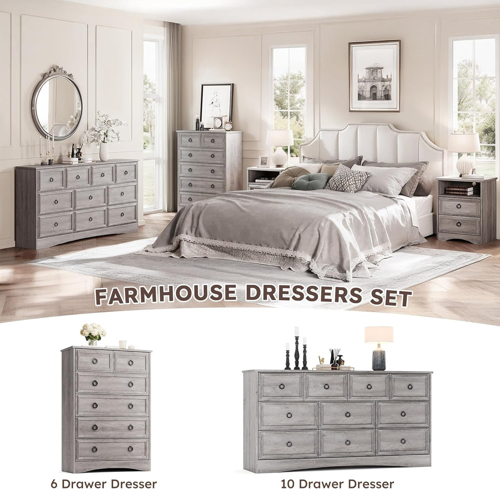 Grey 10 Drawer Dresser & TV Stand, 59" Large Dresser for Bedroom, Wooden Chests of Drawers, Rustic Storage Dressers Organizer for Bedroom, Hallway