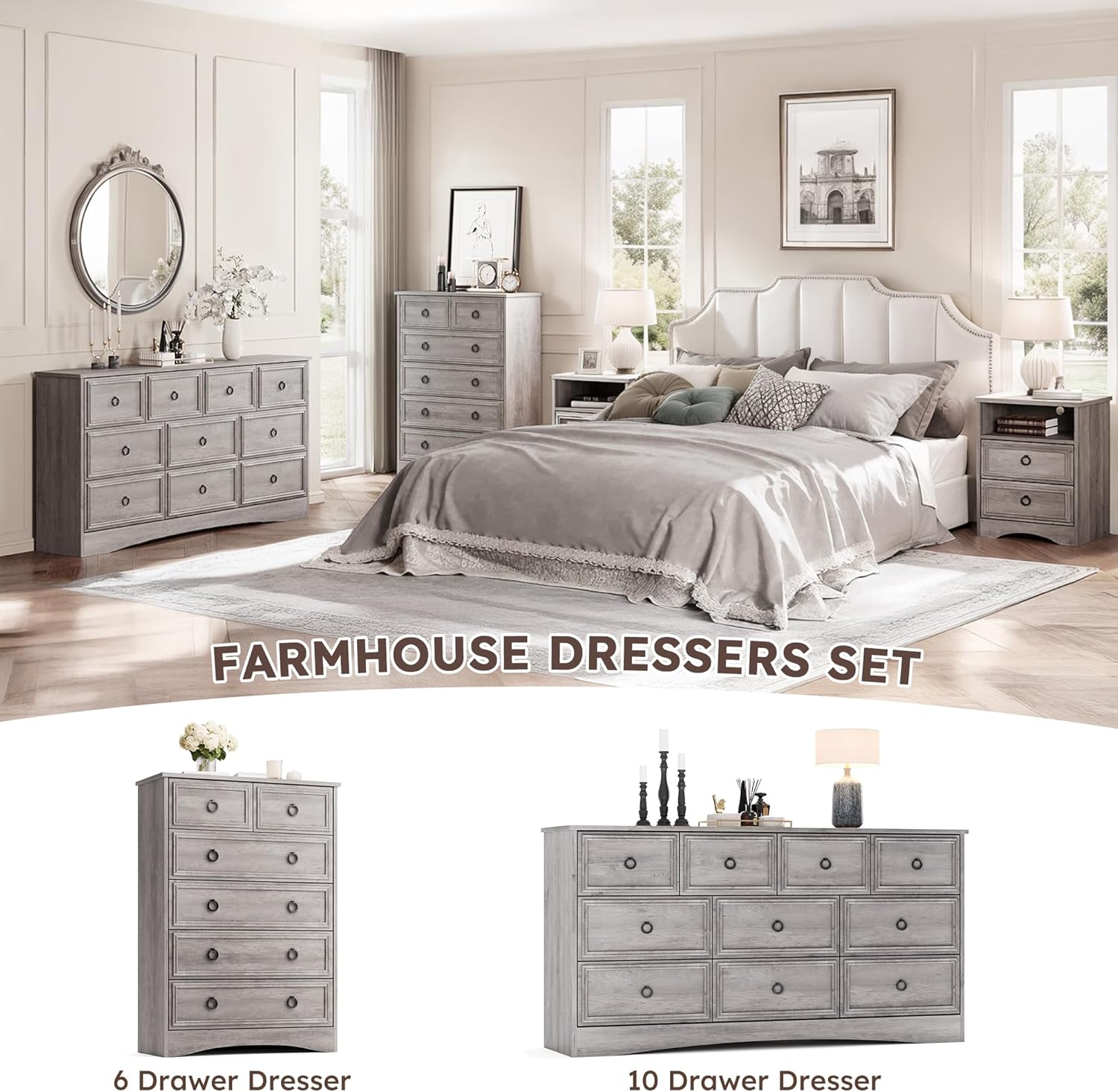 Grey 10 Drawer Dresser & TV Stand, 59" Large Dresser for Bedroom, Wooden Chests of Drawers, Rustic Storage Dressers Organizer for Bedroom, Hallway