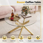Giantex Round Glass Coffee Table, 31.5" Modern Center Table with Tempered Glass Top & Geometric Metal Frame, Clear Accent Cocktail Table, Small Coffee Table for Living Room, Small Spaces (Gold)