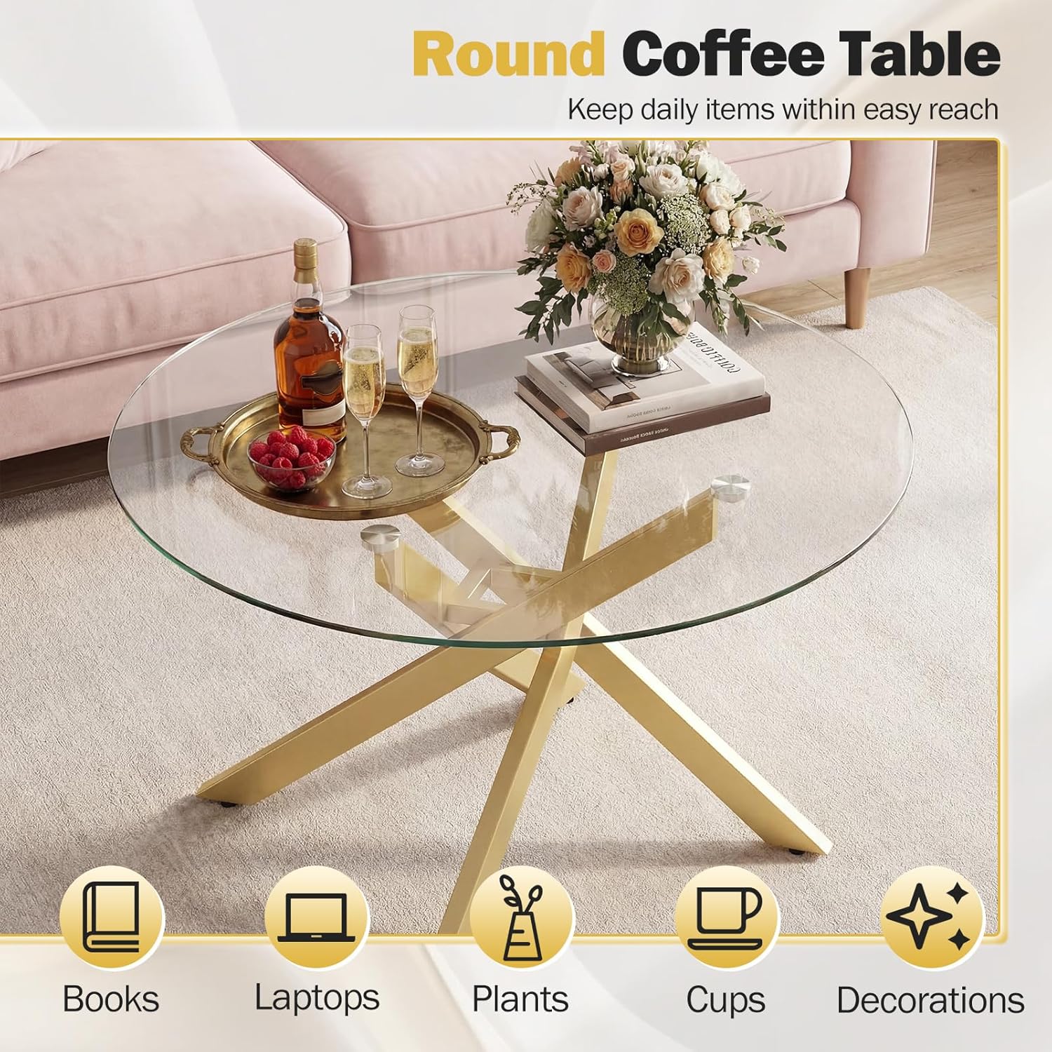 Giantex Round Glass Coffee Table, 31.5" Modern Center Table with Tempered Glass Top & Geometric Metal Frame, Clear Accent Cocktail Table, Small Coffee Table for Living Room, Small Spaces (Gold)