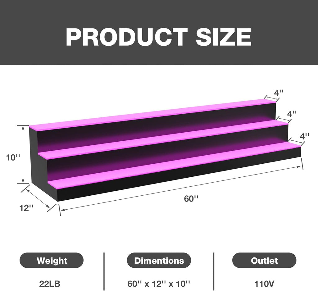 LED Liquor Bottle Display Shelf, 60 inch 3 Step Lighted Acrylic Lighted Bar Shelf for Home, Illuminated Home Bar Shelf, Acrylic Lighted Bottle Display Stand with Remote and APP Control