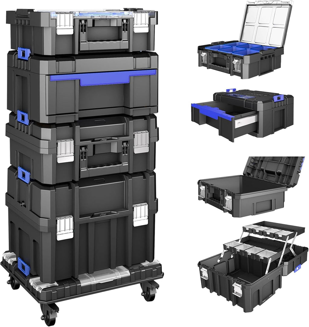 5 Tier Stackable Tool Box with Wheels,Rolling Tool Box with Drawers,Modular Tools Organizer,Portable Tool Box with Transparent Parts Box,Large Capacity Toolbox,for Garage Storage,Home and Repair Shop