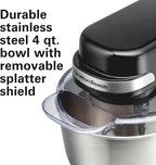 Hamilton Beach Electric Stand Mixer, 4 Quarts, Dough Hook, Flat Beater Attachments, Splash Guard 7 Speeds with Whisk, Black