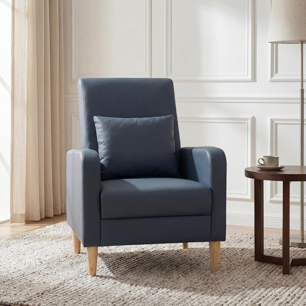 COLAMY Mid-Century Modern Upholstered Accent Chair with Back Pillow & Solid Wood Legs, Leather Cozy Armchair for Living Room, Bedroom, Reading Nook, Apartment & Small Spaces, Blue